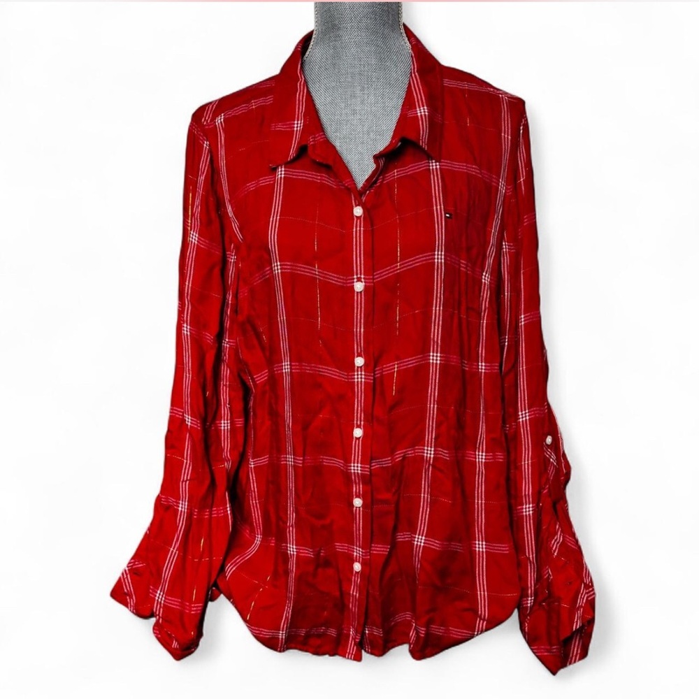 Tommy Hilfiger XL Red Plaid Metallic Roll-Tab Button-Down Shirt Preppy Festive - Picture 2 of 13